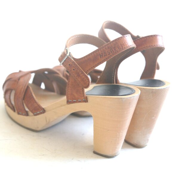 Size 7 (37) - SWEDISH HASBEENS Women's Tan Leather Peep Toe Heel Clog Sandals - Picture 3 of 7